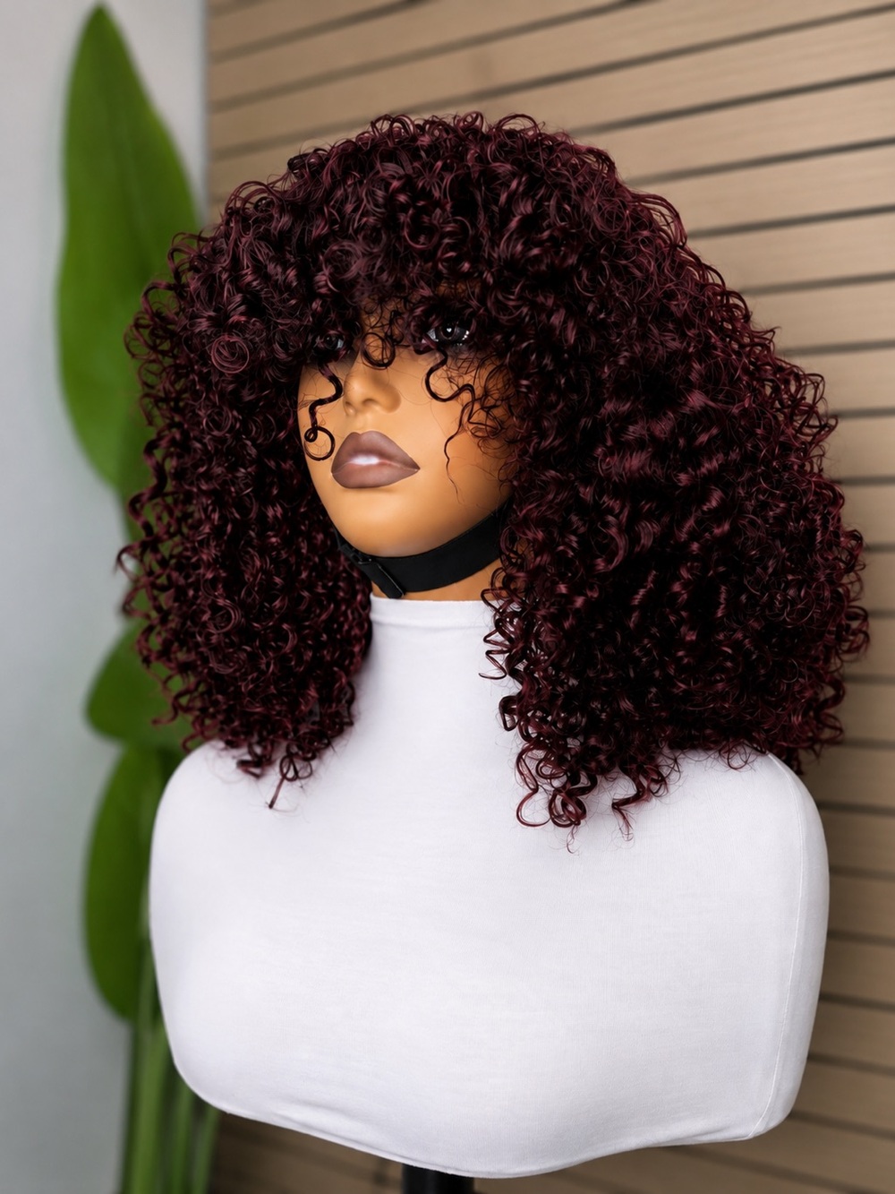 Voluminous Burgundy Curly Wig with Full Fringe - Women's Synthetic Hair